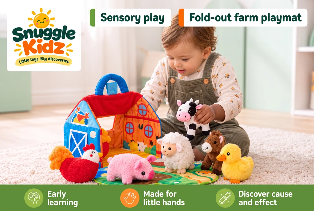 Child playing with the barn and plush farm animals