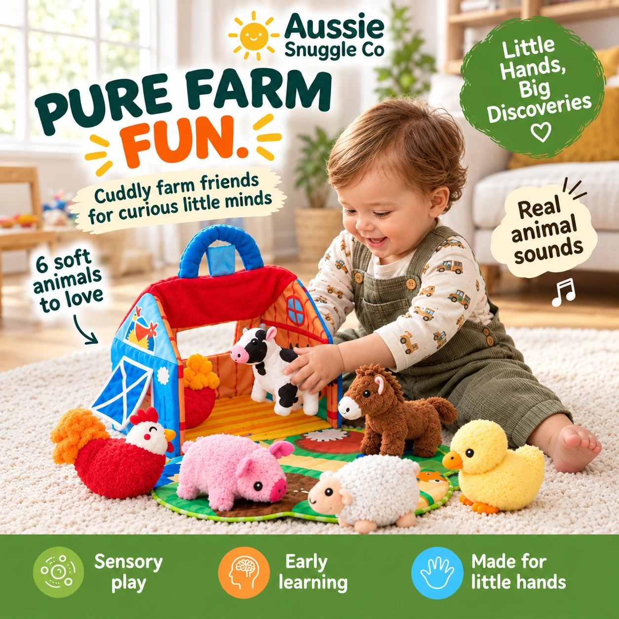 Snuggle Kidz plush farm animal set with colourful barn and six soft animals