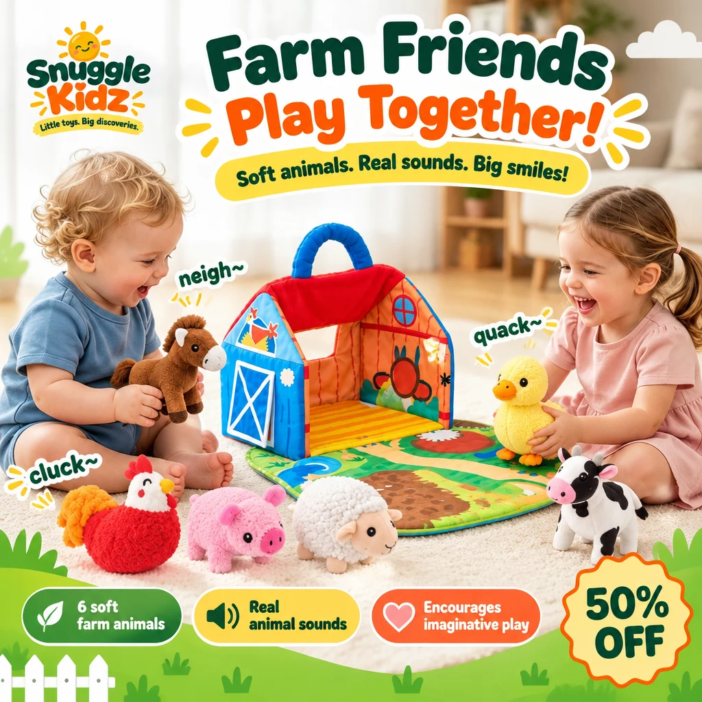 Children playing together with plush farm animals